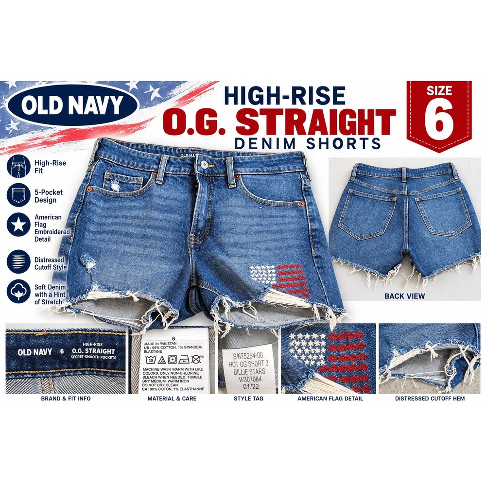 Old Navy Womens 6 OG Straight High Rise Denim Shorts American Flag Distressed